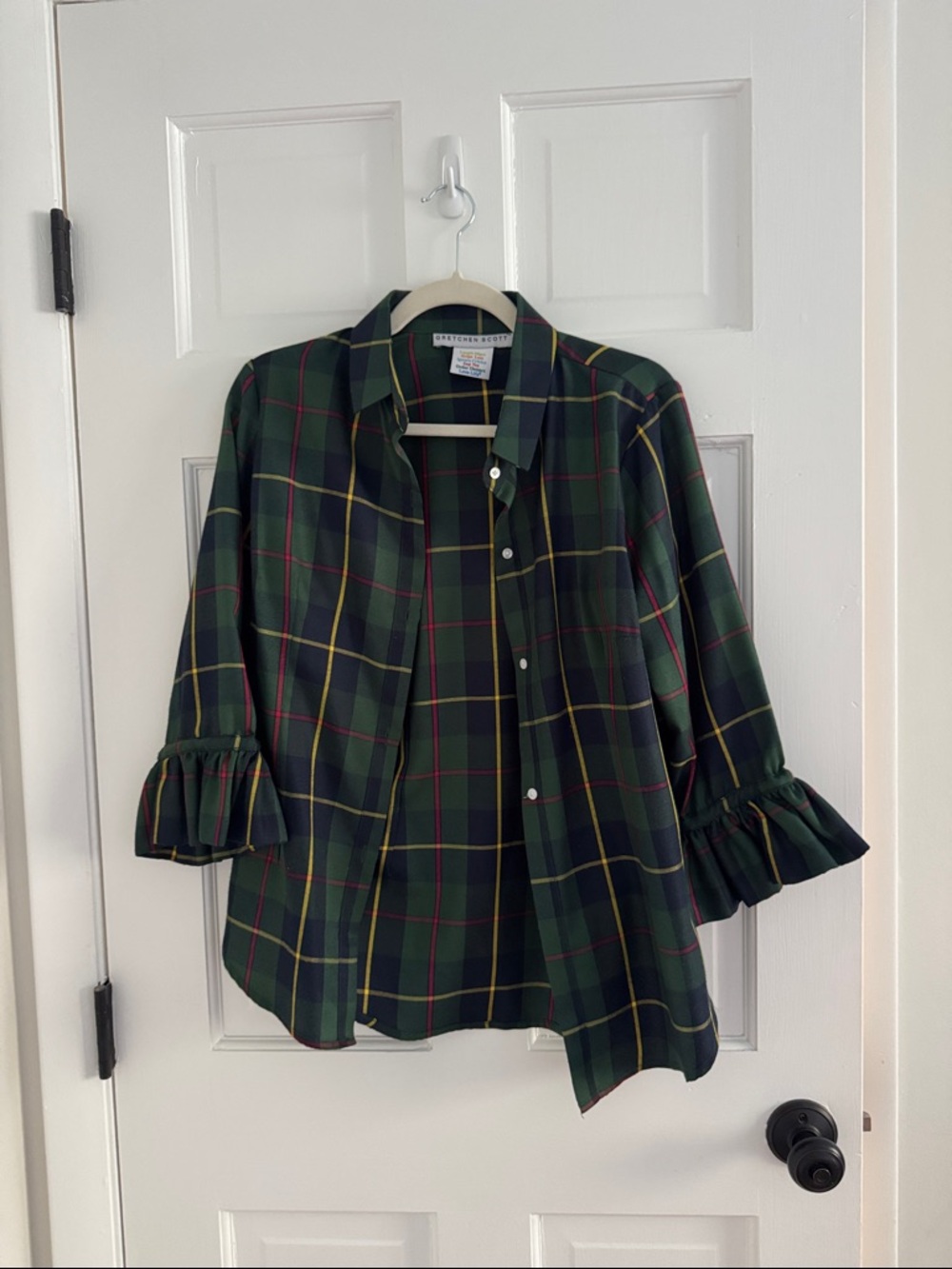 Gretchen Scott Dark Green Plaid Ruffle-Sleeve Shirt